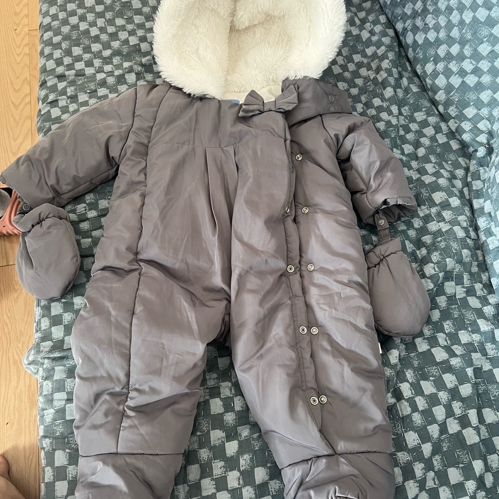Jacadi Taupe Quilted Baby Snowsuit with Faux Fur Hood